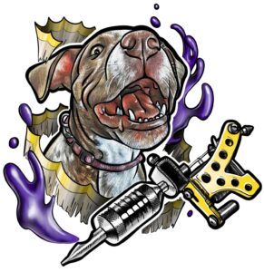 Paws and Pins event logo: charity tattooing event for dogs